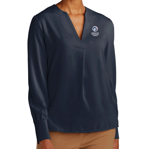 Embroidered American Heritage Girls - Women's Open Neck Satin Blouse Thumbnail